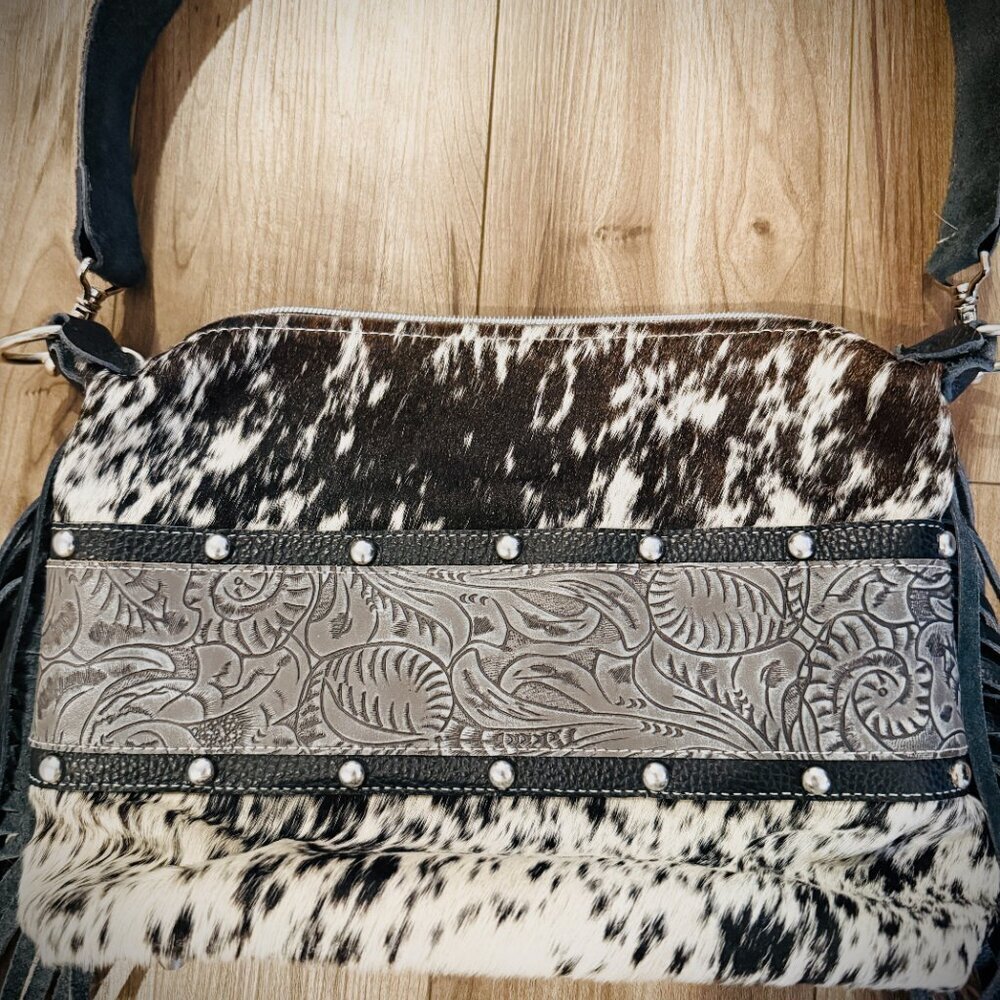 DCD “Annie” Shoulder Bag | Chocolate/White Hide + Lead Dallas Tool | Fringe - Picture 4 of 7